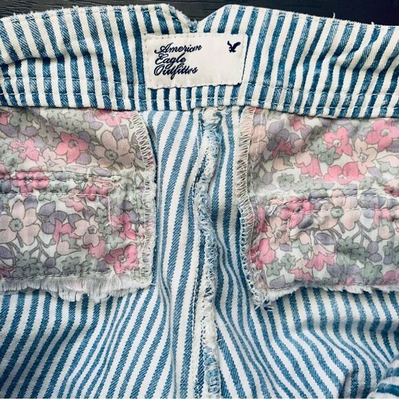 American Eagle AE White/Blue Striped w/Floral Patchwork Cut Off Jean Shorts | 2 - Picture 7 of 8
